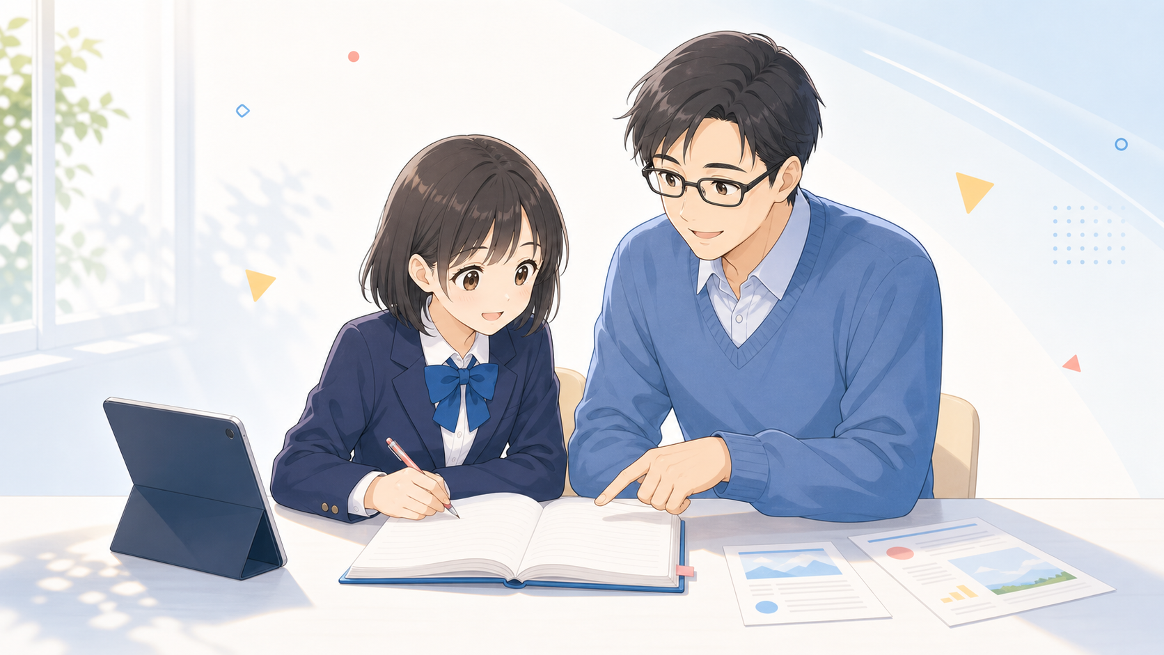先生と中学生の生徒がノートを見ながらニュースを学んでいるアニメ風イラスト